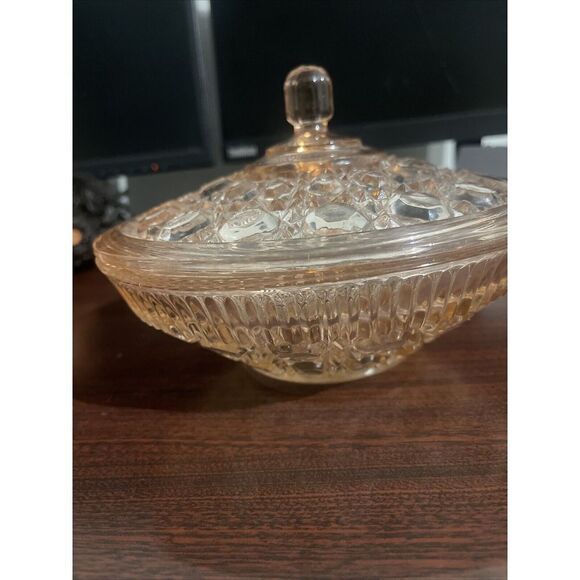 Vintage Indiana Glass Pink Windsor Button and Cane Pattern Covered Candy Dish‎ - Picture 1 of 4